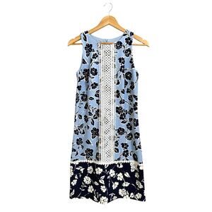 Eliza J Women's Blue Floral Print Lace Trim Sleeveless Shift Mini Dress Size 4